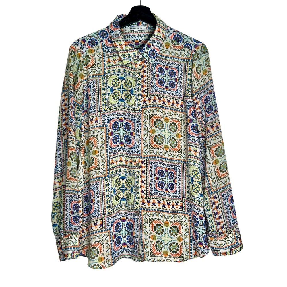 Rose + Olive Womens XL Tile Print Button Up Shirt Long Sleeve Boho Multicolor